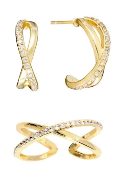 Cubic Zirconia Criss Cross Post Hoop and Adjustable Band Ring Set