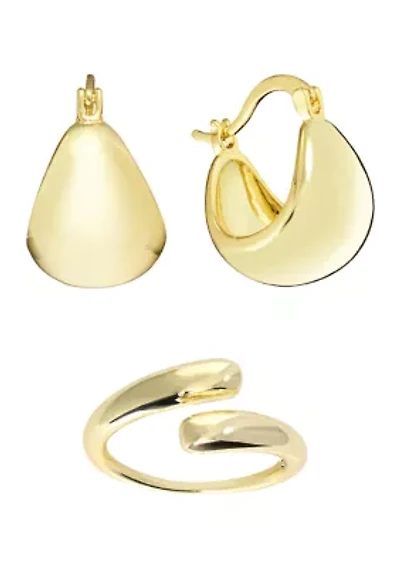 Dome Hoop Earrings and Open Adjustable Ring Set