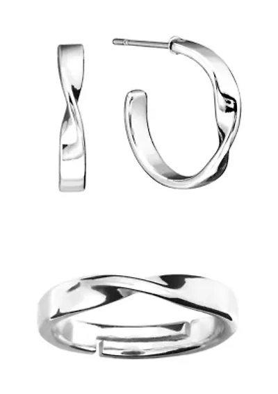 Boxed Silver Plated 0.68" Twisted Post Hoop Earrings and Adjustable Band Ring Set