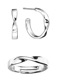 Boxed Silver Plated 0.68" Twisted Post Hoop Earrings and Adjustable Band Ring Set