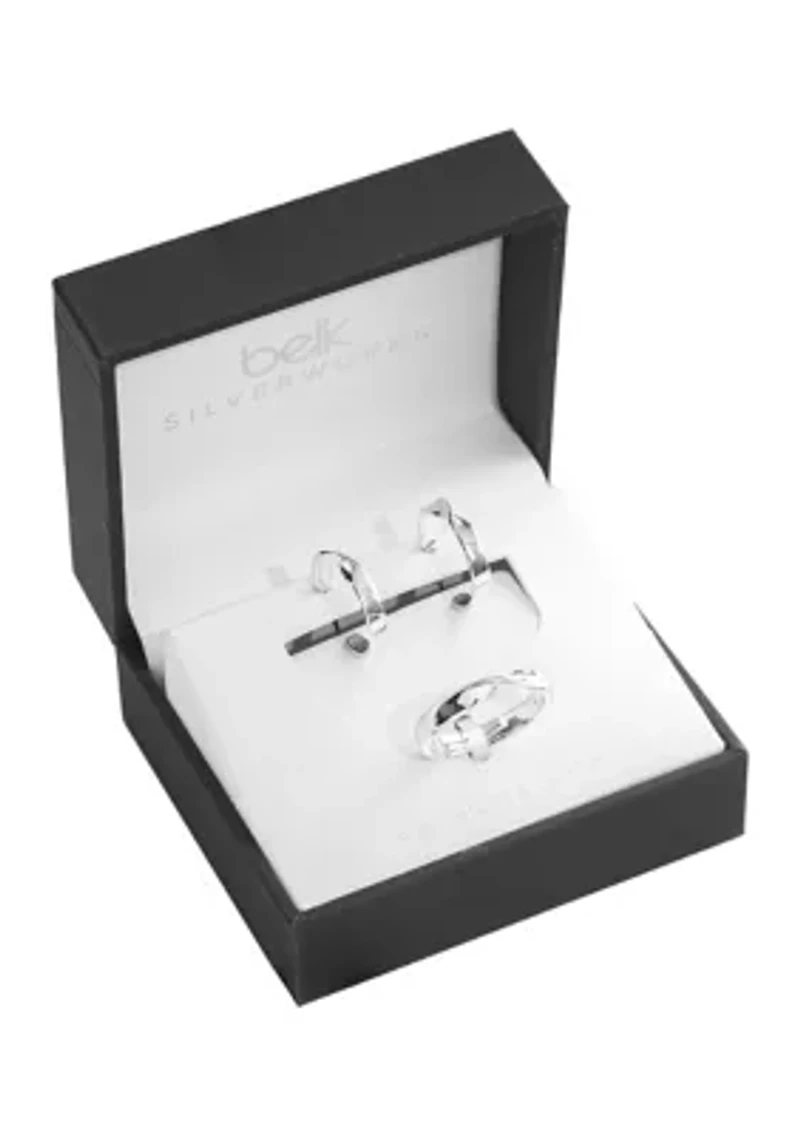 Boxed Silver Plated 0.68" Twisted Post Hoop Earrings and Adjustable Band Ring Set