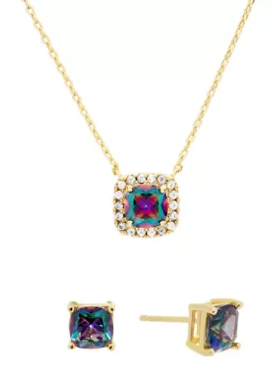 Mystic Cubic Zirconia Square Halo Necklace and Stud Earring Set
