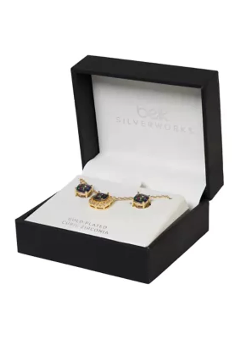 Mystic Cubic Zirconia Square Halo Necklace and Stud Earring Set