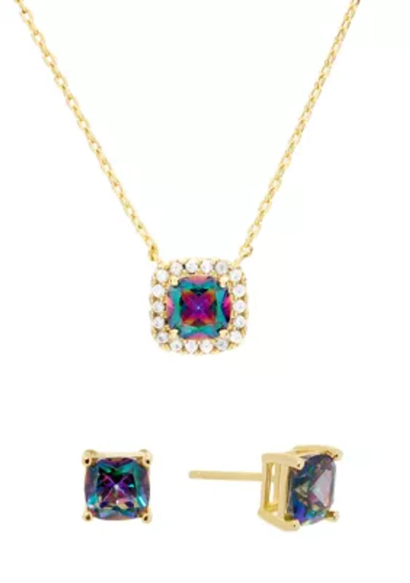 Gold Plated Mystic Cubic Zirconia Square Cushion Necklace and Stud Earring Set