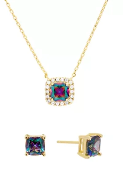 Gold Plated Mystic Cubic Zirconia Square Cushion Necklace and Stud Earring Set