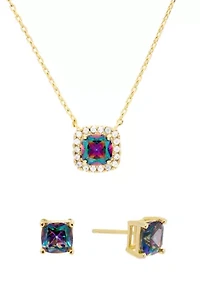 Gold Plated Mystic Cubic Zirconia Square Cushion Necklace and Stud Earring Set