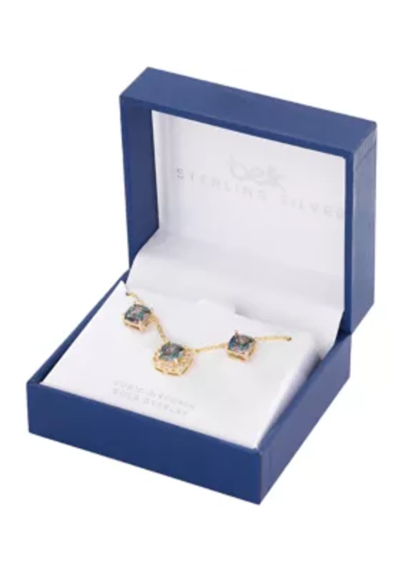 Gold Plated Mystic Cubic Zirconia Square Cushion Necklace and Stud Earring Set