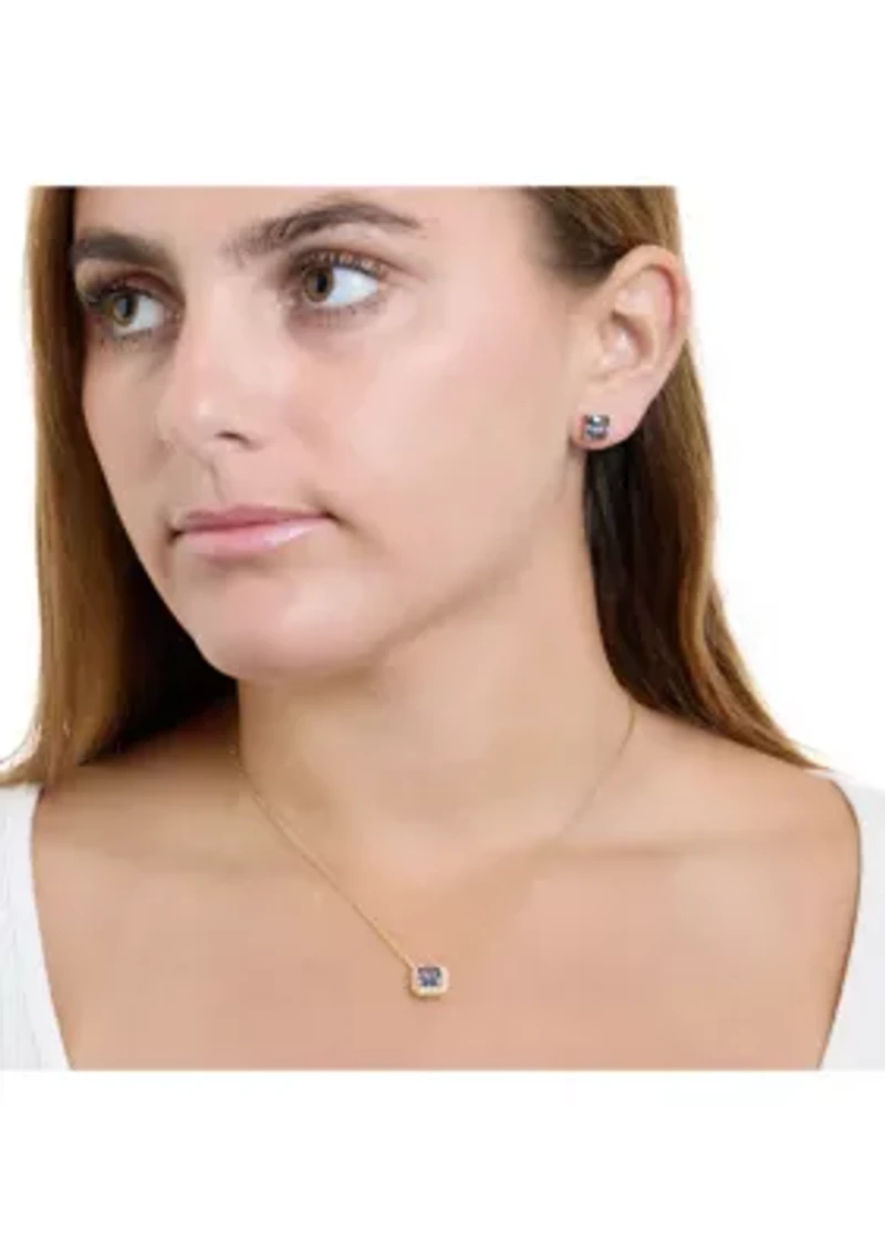 Gold Plated Mystic Cubic Zirconia Square Cushion Necklace and Stud Earring Set