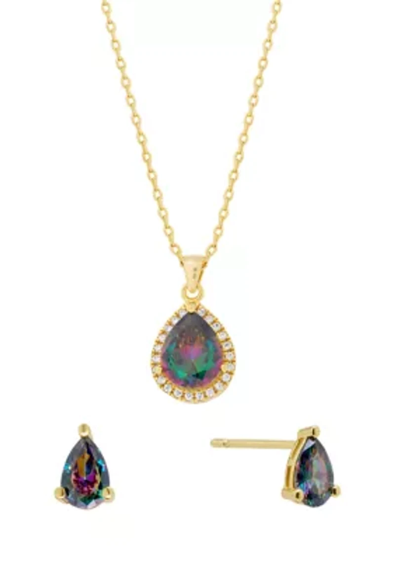 Gold Plated Mystic Cubic Zirconia Pear Necklace and Stud Earring Set