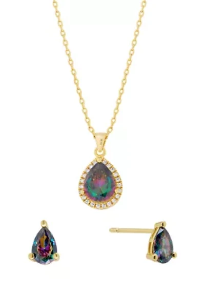 Gold Plated Mystic Cubic Zirconia Pear Necklace and Stud Earring Set