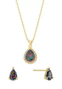 Gold Plated Mystic Cubic Zirconia Pear Necklace and Stud Earring Set