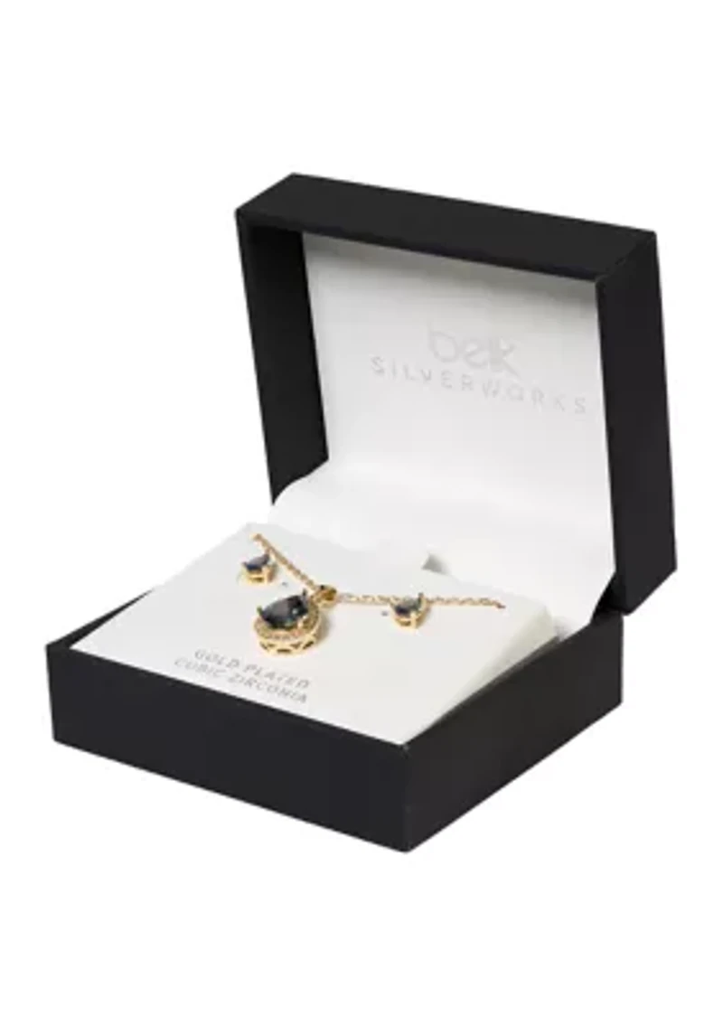 Gold Plated Mystic Cubic Zirconia Pear Necklace and Stud Earring Set