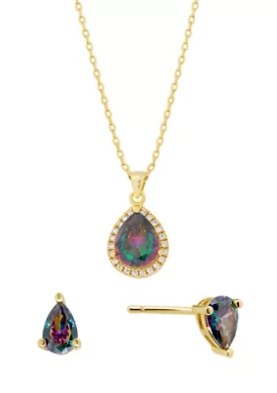 Gold Plated Mystic Cubic Zirconia Pear Halo Necklace and Stud Earring Set