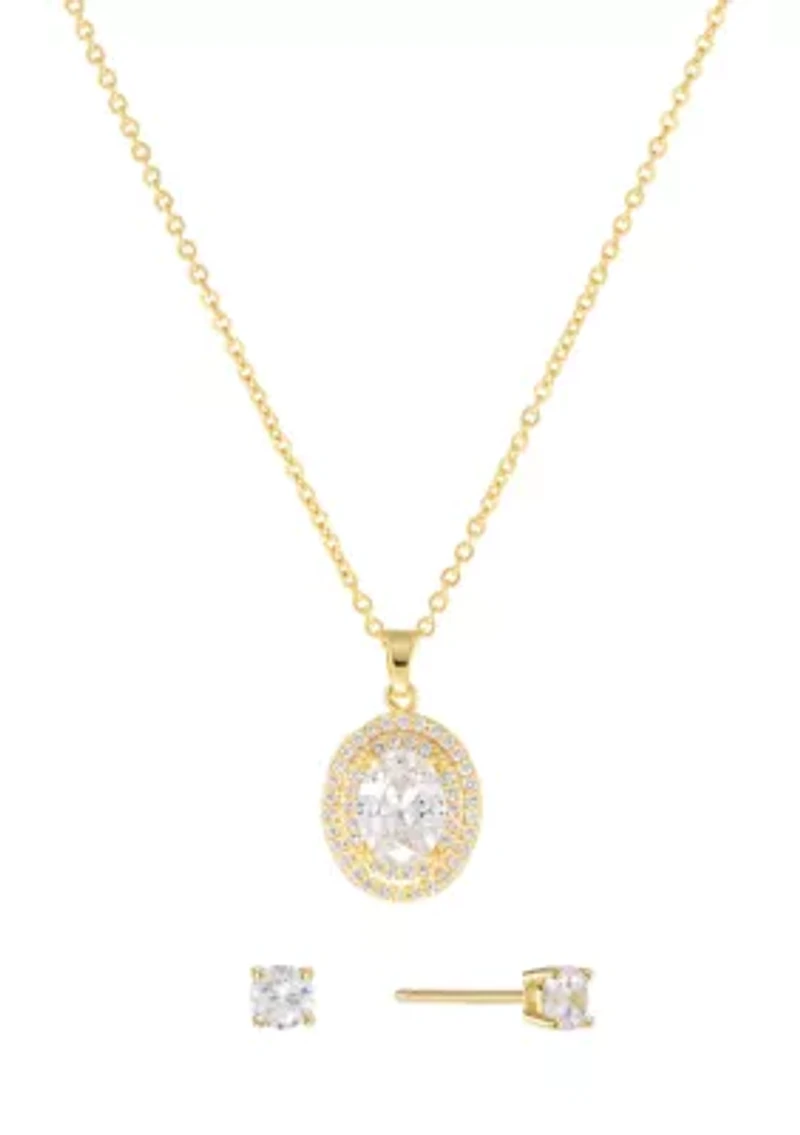 Plated Cubic Zirconia Round Halo Pendant and Stud Earring Set