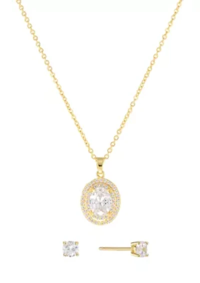 Plated Cubic Zirconia Round Halo Pendant and Stud Earring Set