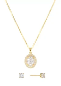 Plated Cubic Zirconia Round Halo Pendant and Stud Earring Set