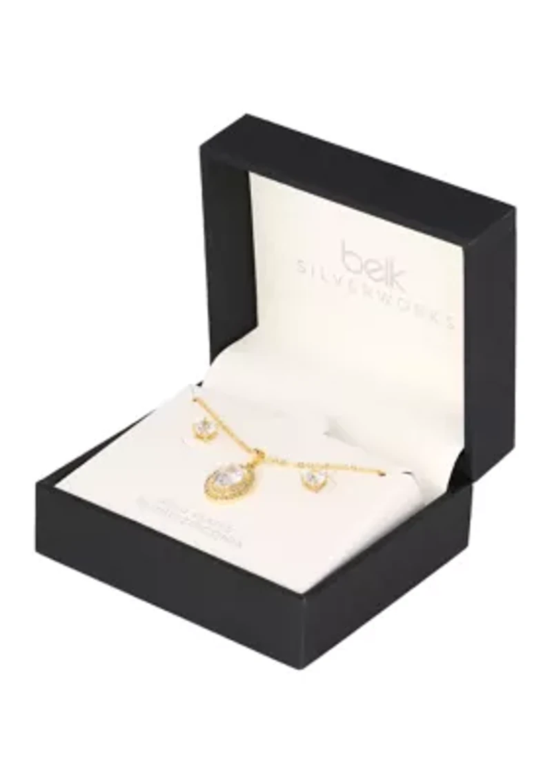 Plated Cubic Zirconia Round Halo Pendant and Stud Earring Set