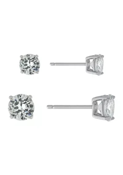 Sterling Silver Round Cubic Zirconia Duo Stud Earring Set