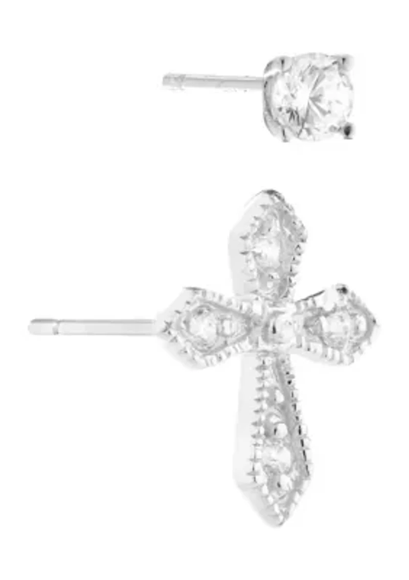 Sterling Silver Cubic Zirconia Cross and 4mm Round Stud Duo Earring Set