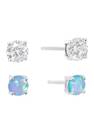 Sterling Silver Round Cubic Zirconia and 5 Millimeter Simulated Blue Opal Stud Earring Set