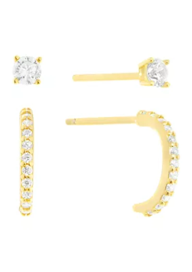 Sterling Silver 10 Millimeter Cubic Zirconia Half Hoop and 3 Stud Earring Set