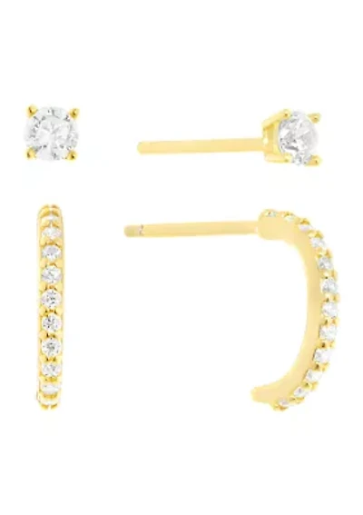 Sterling Silver 10 Millimeter Cubic Zirconia Half Hoop and 3 Stud Earring Set
