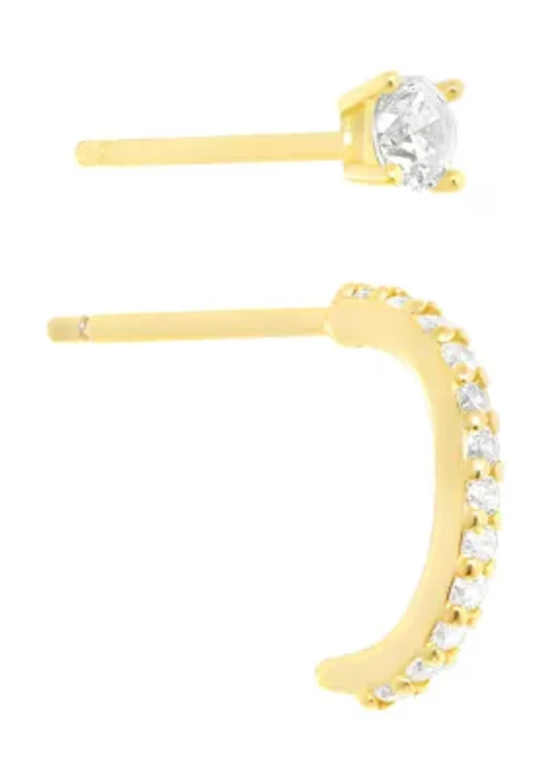 Sterling Silver 10 Millimeter Cubic Zirconia Half Hoop and 3 Stud Earring Set