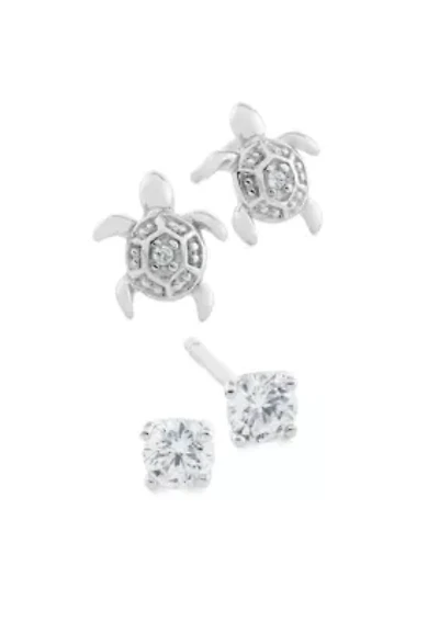 Sterling Silver 3mm Cubic Zirconia and Turtle Duo Stud Earring Set