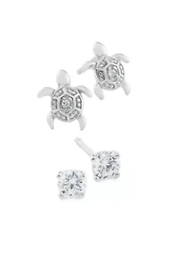 Sterling Silver 3mm Cubic Zirconia and Turtle Duo Stud Earring Set