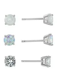 Sterling Silver 5mm White, Aurora Borealis, and Cracked Cubic Zirconia Trio Stud Earring Set