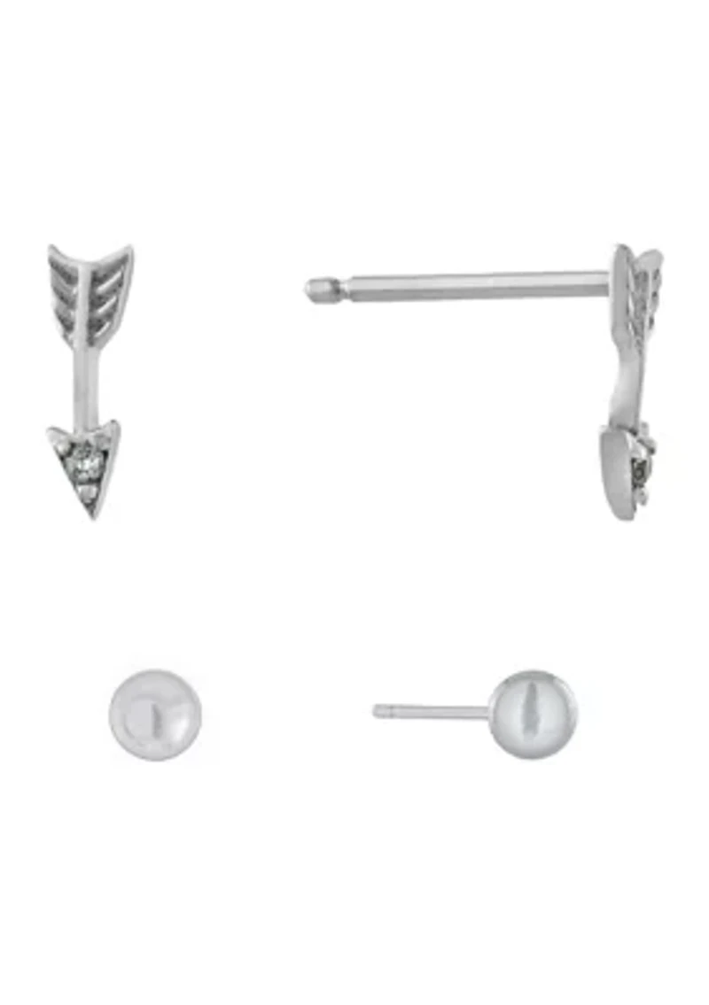 Sterling Silver 5 Millimeter Ball/Tiny Cubic Zirconia Arrow Duo Stud Earring Set
