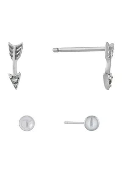 Sterling Silver 5 Millimeter Ball/Tiny Cubic Zirconia Arrow Duo Stud Earring Set