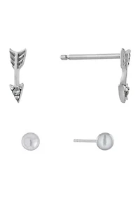 Sterling Silver 5 Millimeter Ball/Tiny Cubic Zirconia Arrow Duo Stud Earring Set