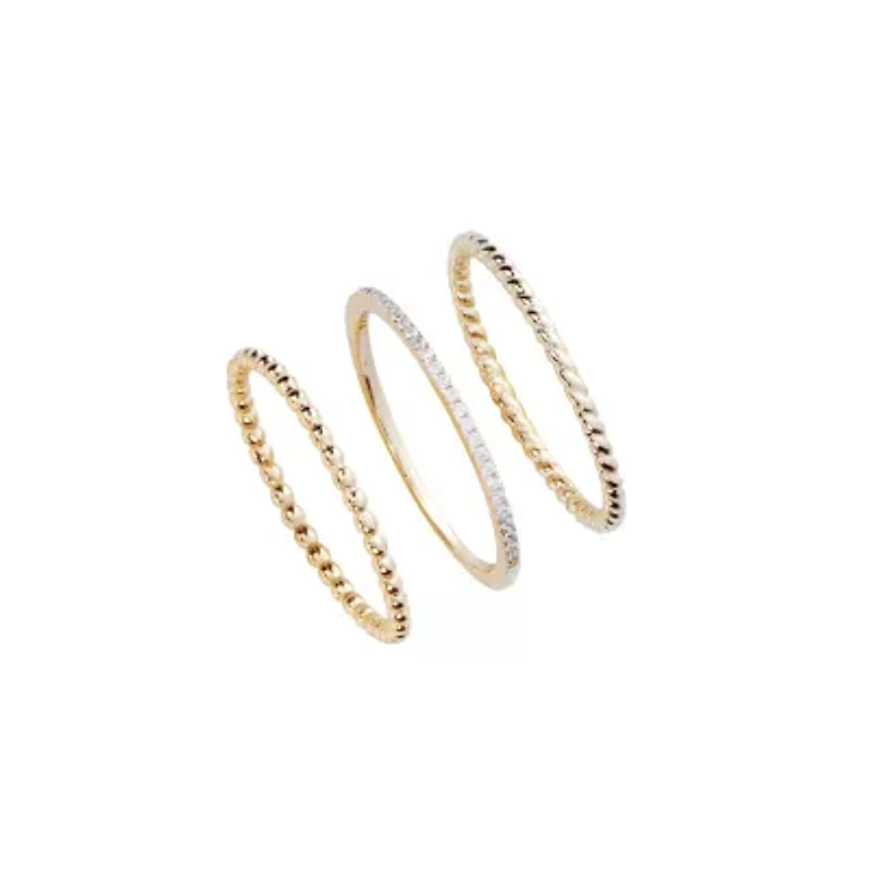 Gold Plated 3pc Twist, Beaded, and CZ Band Ring Set