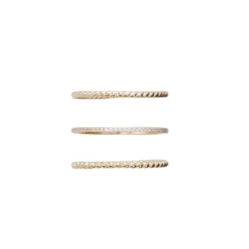 Gold Plated 3pc Twist, Beaded, and CZ Band Ring Set