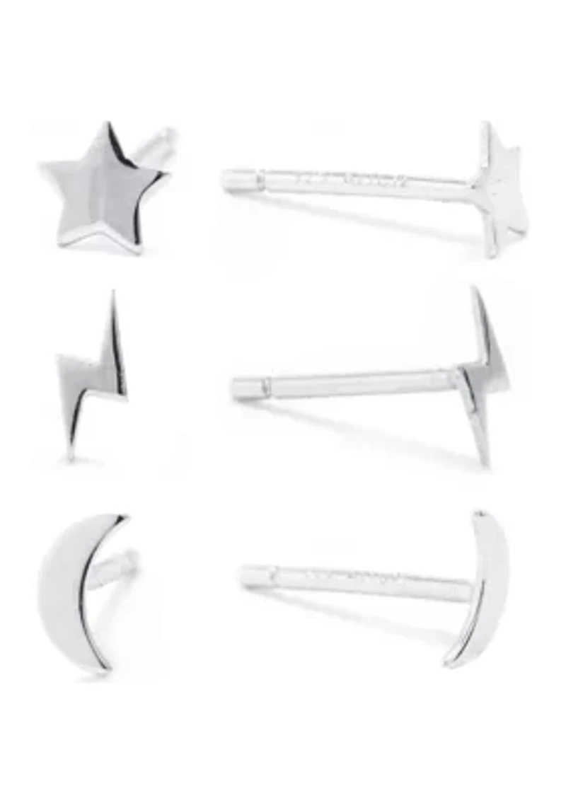 Sterling Silver Star, Moon and Lightening Bolt Stud Trio