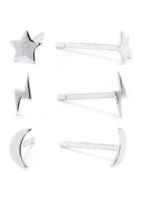 Sterling Silver Star, Moon and Lightening Bolt Stud Trio