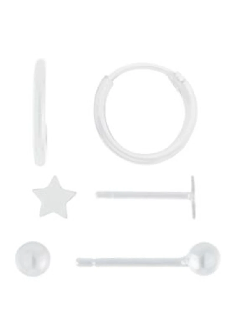 Sterling Silver Ball, Star, and 11 Millimeter Hoop Earring Trio