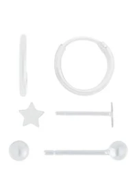 Sterling Silver Ball, Star, and 11 Millimeter Hoop Earring Trio