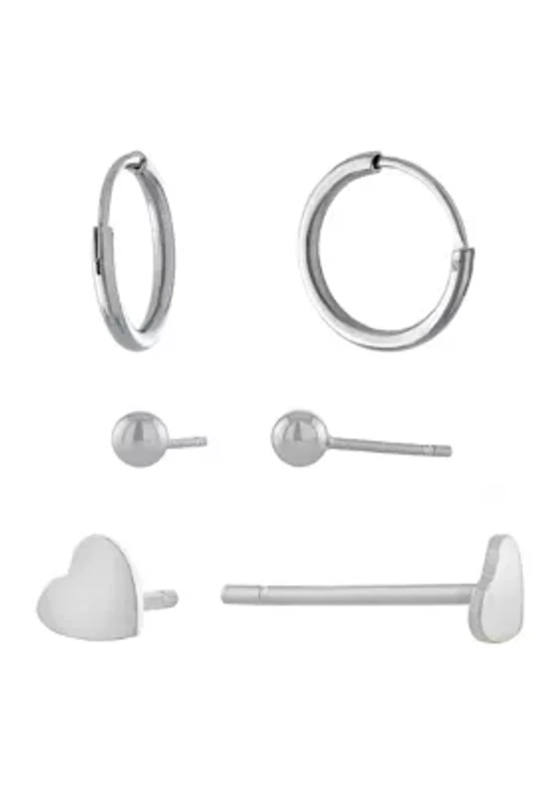 Sterling Silver Ball and Heart Studs and 9 Millimeter Endless Hoop Earring Set