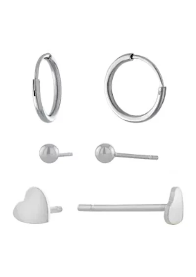 Sterling Silver Ball and Heart Studs and 9 Millimeter Endless Hoop Earring Set