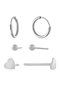 Sterling Silver Ball and Heart Studs and 9 Millimeter Endless Hoop Earring Set