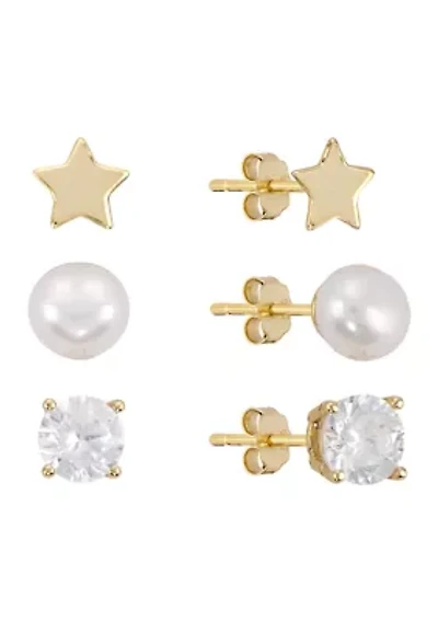  Star, Cubic Zirconia and Freshwater Pearl Trio Stud Earring Set