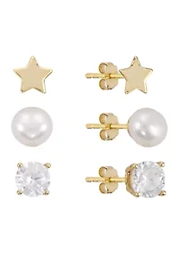  Star, Cubic Zirconia and Freshwater Pearl Trio Stud Earring Set