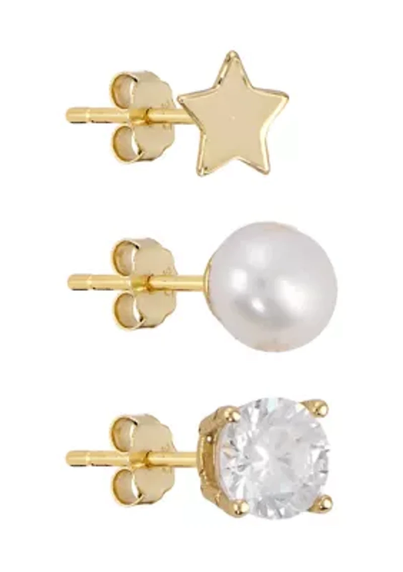  Star, Cubic Zirconia and Freshwater Pearl Trio Stud Earring Set
