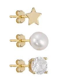  Star, Cubic Zirconia and Freshwater Pearl Trio Stud Earring Set
