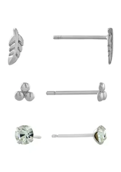 Sterling Silver Feather/Trinity/Cubic Zirconia Trio Stud Earring Set