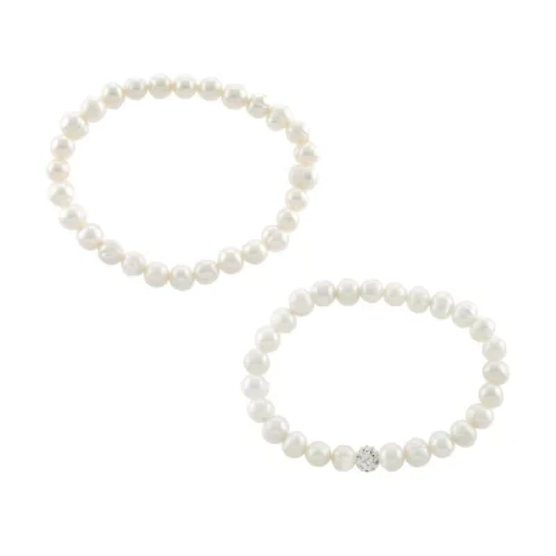 Sterling Silver 7mm Fresh Water Pearl and Crystal Ball Beaded 2pc Bracelet Set