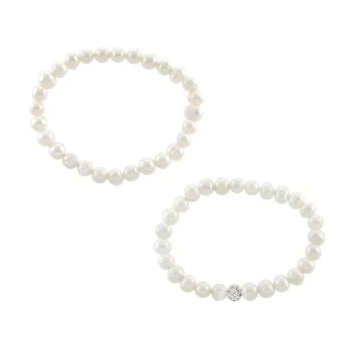 Sterling Silver 7mm Fresh Water Pearl and Crystal Ball Beaded 2pc Bracelet Set