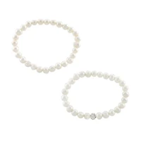 Sterling Silver 7mm Fresh Water Pearl and Crystal Ball Beaded 2pc Bracelet Set